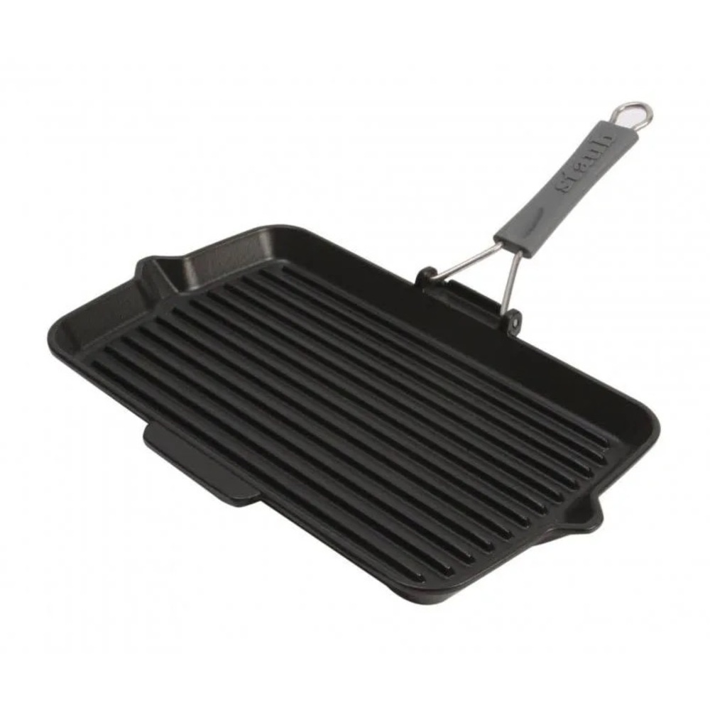 NIB STAUB Cast Iron Black Rectangular Folding Grill with Silicone Handle - Picture 7 of 9